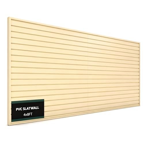 Slat Wall Paneling 4x8 ft Garage Organizer Storage System - Heavy Duty PVC Slatwall Panels for Garage Organizer Product, PVC Wall Mounted Tool Storage Slate Board for Home and Workshop (Cream) - color: Cream, size: 4FT X 8FT