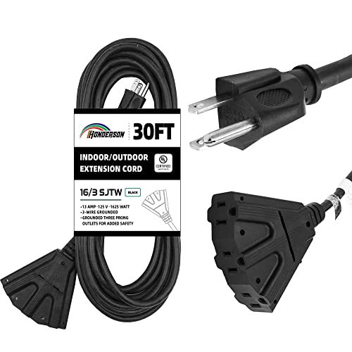 3-Outlets Indoor Outdoor Extension Cord Weatherproof, UL Certified, 16 Gauge 30FT Black 3 Prong Heavy Duty, 16/3 SJTW 13A Power Cord - color: Black, size: 30FT