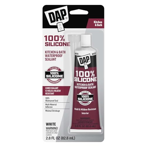 DAP 100% Silicone Rubber Kitchen, Bath & Plumbing Bath Sealant, White, 2.8 oz (7079800950)
