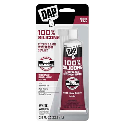 DAP 100% Silicone Rubber Kitchen, Bath & Plumbing Bath Sealant, White, 2.8 oz (7079800950)