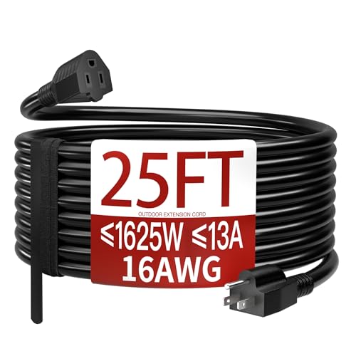 Skrizcable 16/3 25 FT Outdoor Extension Cord Waterproof, Weatherproof & Flame Retardant Black 3 Prong Power Cord Outside for Lawn & Garden, 13 Amps 1625 Watts 125 VAC 16AWG SJTW, ETL Listed - color: Black, size: 25FT, style: 16AWG OUTDOOR