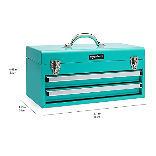 Amazon Basics Steel Tool Box Storage and Organization Drawers, Tool Storage with Powder Coat Finish, 18.11 x 8.66 x 9.45 in, Turquoise