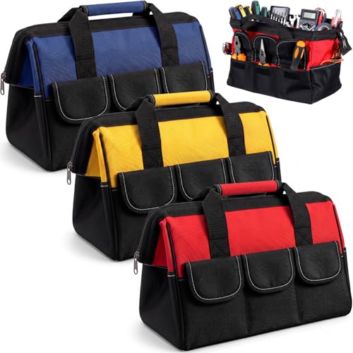 Sanwuta 3 Pack Tool Bag for Men with Waterproof Hard Bottom, Heavy Duty Tool Bag Wide Mouth Tote for Various Instrument, Electrician Carpenter Mechanic (Blue, Red, Yellow,13 Inch,Side Pockets) - color: Blue, Red, Yellow, size: 13 Inch, style: Side Pockets
