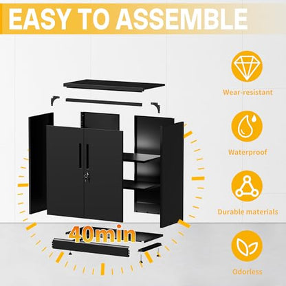 Metal Storage Cabinet, 35" Garage Storage Cabinet with 2 Adjustable Shelves & Lockable Doors, Black Garage Cabinets for Office, Home, Garage, Gym, School - size: 35" H X 15.8" D X 32" W