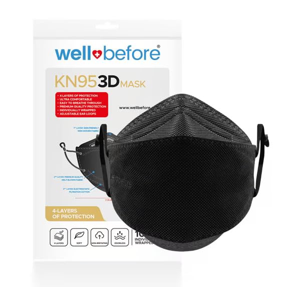 Well Before KN95 Face Masks 10 Pack, Comfortable, Disposable with Adjustable Ear Loops, 3D KN95