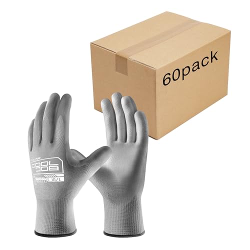 COOLJOB 60 Pairs Safety Work Gloves Pack Bulk with Grip PU Coating, 13 Gauge Seamless Knit Gloves with Polyurethane Dipped for Warehouse Working, Breathable Lightweight for Men Women, Grey Small - color: Grey, size: Small (Pack of 60)