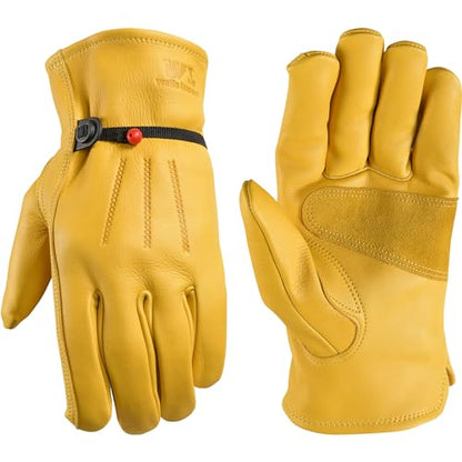 Wells Lamont Leather Work Gloves for Men – Heavy Duty, Cowhide, Abrasion & Puncture Resistant – Adjustable Wrist, Gunn Cut Design, Ideal for Ranching, Farming, Construction - Saddletan - M - size: Medium, style: 1132