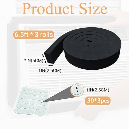 Black Window AC Insulation High Resilience Foam Weather Stripping Seal Tape with Glue Point, 3Packs, 2''x1''x6.5ft