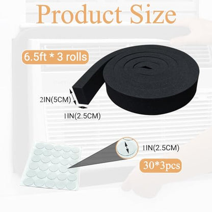 Black Window AC Insulation High Resilience Foam Weather Stripping Seal Tape with Glue Point, 3Packs, 2''x1''x6.5ft