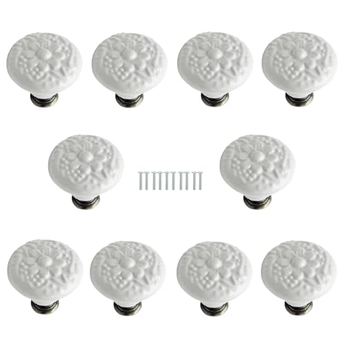 White Ceramic Kitchen Cabinet Knobs and Pulls, Retro Vintage Round Drawer Knobs, Decorative Closet Door Handles 10 pcs