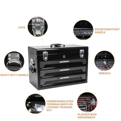Runboll Mechanics Tool Set 339-Piece 3-Drawer Toolbox with Tools Kits Included, with pliers, ball hammer, screwdrivers, wrenches, Hex Keys, and More - color: Black, size: Toolbox w/ Kits