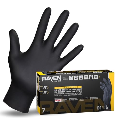 SAS Safety 66518 Raven Powder-Free Disposable Black Nitrile 7-Mil Gloves, Large, 100 Gloves by Weight - size: Large, style: Raven Powder-free Disposable Black Nitrile 7-mil Gloves