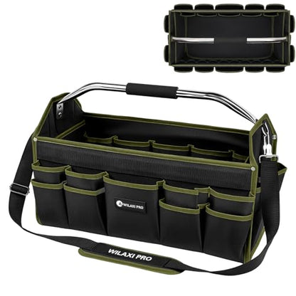 20in Foldable Open Top Tool Bags For Men Heavy Duty, Tool Carrier hard With Handle, Wide Mouth Electrician Tool Tote, Many Pockets Can Hold Many Tool, Green - size: 20INCH