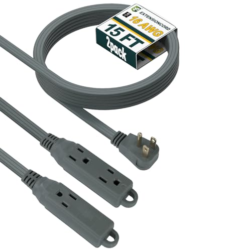 EP 15 Ft 3 Outlet Extension Cord with Flat Plug, 3 Prong Grounded, 16/3 SPT-3 Power Cable for Indoor Use, Grey, 2 Pack - color: Grey, size: 15 Ft