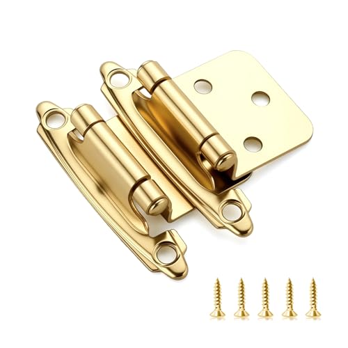 Ravinte 60 Pack (30 Pairs) 1/2 inch Overlay Cabinet Hinges, Self-Closing Semi-Concealed Face Mount, Satin Brass Decorative Hardware with Door Bumpers for Kitchen & Cupboard Doors, Gold - color: Gold