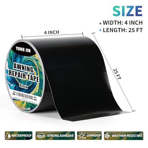 YONGJIN RV Awning Repair Tape, Heavy Duty Outdoor Tent Repair Tape and Tarp Tape, Waterproof Tarp Patch Kit for Camper, Boat Covers, Canvas, Sail, Canopy, and Outdoor Fabric Tear Repair (4 inch) - size: 4 inch