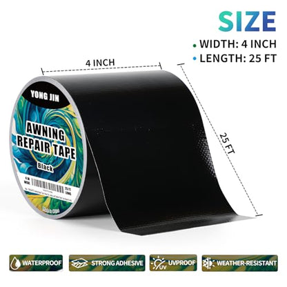 YONGJIN RV Awning Repair Tape, Heavy Duty Outdoor Tent Repair Tape and Tarp Tape, Waterproof Tarp Patch Kit for Camper, Boat Covers, Canvas, Sail, Canopy, and Outdoor Fabric Tear Repair (4 inch) - size: 4 inch