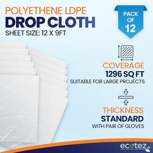 12 Pack 12 x 9 ft Extra Large Plastic Drop Cloth for Painting - Light & Durable Tarp Cover for Furniture - Plastic Clear Tarp Waterproof - Paint Floor Covering - Painters Drop Cloth Sheeting - size: 12 Pack