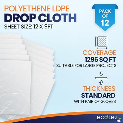 12 Pack 12 x 9 ft Extra Large Plastic Drop Cloth for Painting - Light & Durable Tarp Cover for Furniture - Plastic Clear Tarp Waterproof - Paint Floor Covering - Painters Drop Cloth Sheeting - size: 12 Pack