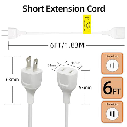 6 Feet White Extension Cord for IndoorUse - 625W 125V 5A Polarized 2 Prong Flexible Tangle-Free Design Power Cable for Small Appliances, Security Cameras, Christmas Lights (2 Pack) - size: 6FT White (2 Pack)