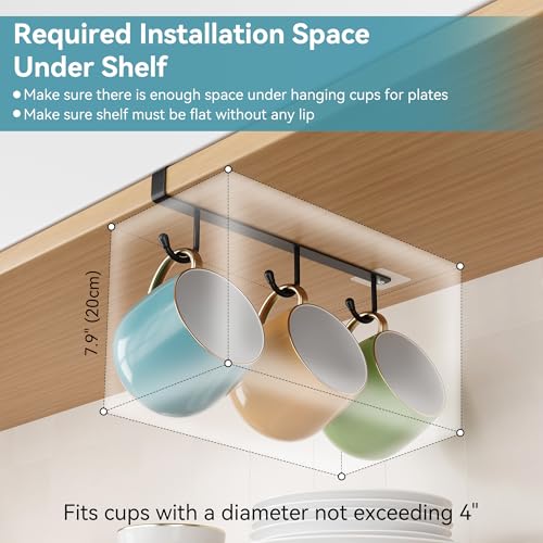 ECROCY Coffee Mug Holder Under Shelf, 3pcs Coffee Cup Holder Only Fits Flat Shelf Without Any Lip, Clip-On Mug Hooks No Drilling Free Damage - color: Black