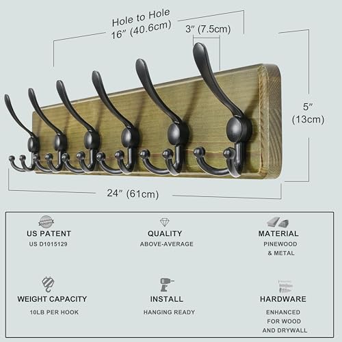 Dseap Coat Rack Wall Mounted - 24" Long 6 Tri Hooks, Heavy Duty Wooden Wall Coat Hanger Coat Hook for Clothes Hat Jacket Clothing, Weathered Green and Black, Pack of 2 - color: Weathered Green & Black, size: L=24"