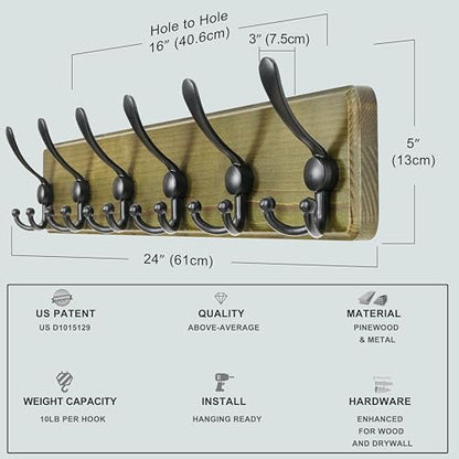 Dseap Coat Rack Wall Mounted - 24" Long 6 Tri Hooks, Heavy Duty Wooden Wall Coat Hanger Coat Hook for Clothes Hat Jacket Clothing, Weathered Green and Black, Pack of 2 - color: Weathered Green & Black, size: L=24"