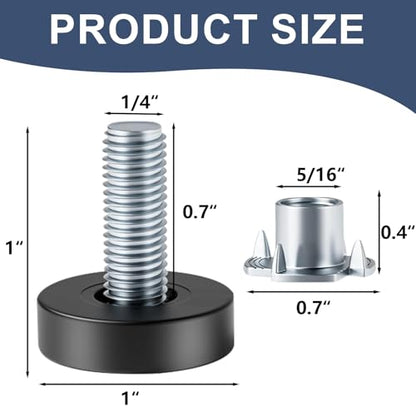 1/4" Thread Furniture Feet Levelers, 12 PCS Adjustable Feet Levelers, Adjustable Furniture Levelers with T-Nuts for Table, Chair, Furniture Legs
