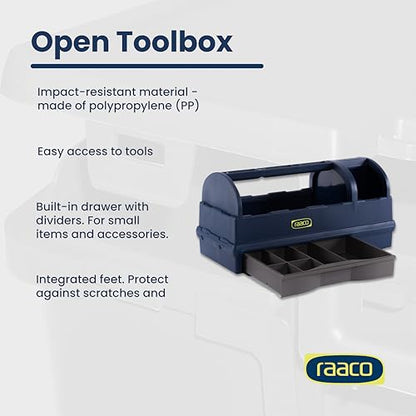 Raaco Open Portable Tool Box Organizer with Handle, Plastic Polypropylene Toolbox with 3 Compartments & Built-in Drawer, Hand-Held Storage Carrier, 55 lb Load Capacity - style: Open