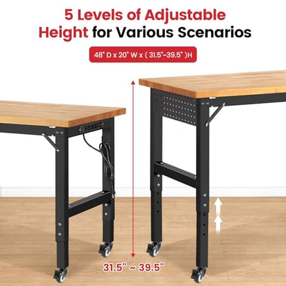 ENJOYWOOD 48" x 20" Heavy Duty Workbench with Wheels, Adjustable Height Garage Work Table with Solid Rubberwood Top, Pegboard & Power Outlets for Workshop, Home & Office - size: XX-Small
