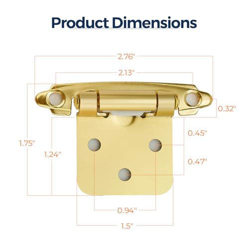 4 Pack (2 Pairs) Gold Cabinet Hinges for Kitchen Doors, Self-Closing, 1/2 Inch Overlay (Variable), Semi-Concealed Face Frame, Surface Mount Cabinet Hardware, Satin Brass - color: Gold