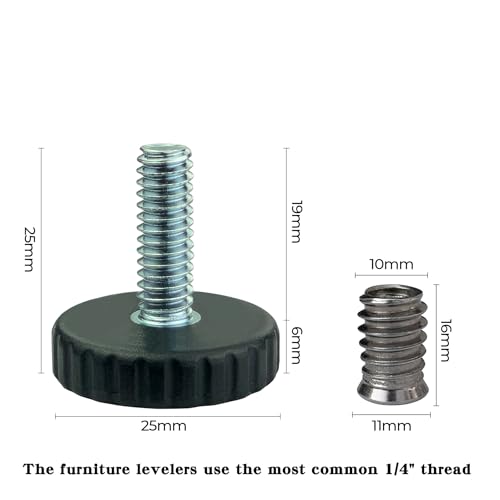 1/4" Thread Furniture Levelers Screw On for Table/Chair/Bar Stool Feet Leveling Glide with Threaded Wood Inserts Nuts,1/4-20 Adjustable Furniture Foot/Leg Pads Screws in(24 Sets/Pack)