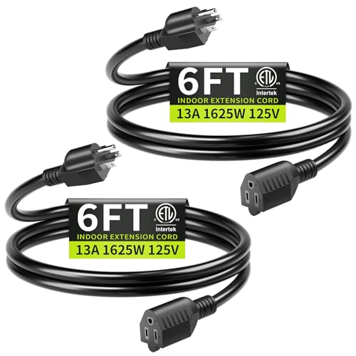16/3 Black Extension Cord 6 FT (2Pack) Indoor, Short Extension Cord for Laptops, Coffee Makers, Office Home Appliances, 3 Prong Small Resistant Cable Flexible, 13A 125V 1625W ETL Listed - color: Black, size: 6FT-2pc, style: 16AWG Extension Cord