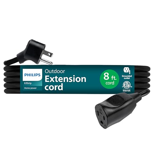 Philips EZGrip 1-Outlet Outdoor Extension Cord, Grounded 3 Prong Cord, Heavy Duty Extension Cord, 8 Ft, 16 AWG, Black, SPS3124B/37 - color: Black, size: 8 Ft, style: 1-Outlet