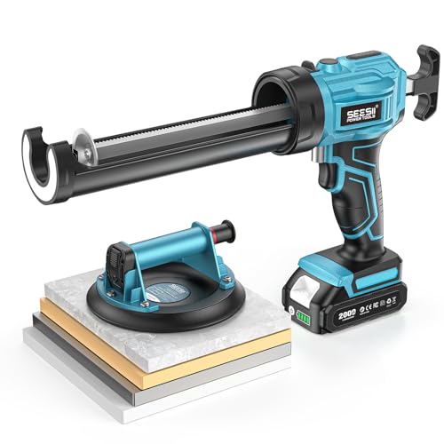 SEESII Electric Caulking Gun & Tile Suction Cup Combo – Cordless Caulk Gun with 2x 2000mAh Batteries + 200 kg Heavy-Duty Glass Suction Cup Lifter for DIY, Home Improvement & Construction - color: Navy Blue