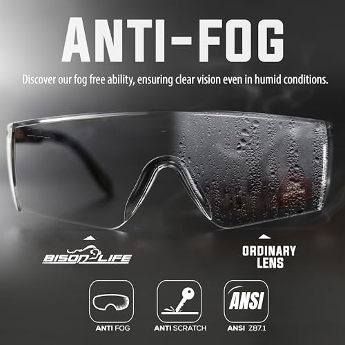 BISON LIFE Anti Fog Clear Safety Glasses with Adjustable Temple & Side Protection, Wraparound Anti-Scratch Lens, Clear Lens & Black Temple, Lab Goggles, Mowing, Gardening & More (Pack of 3) - color: Clear/Black