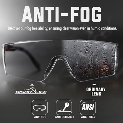 BISON LIFE Anti Fog Clear Safety Glasses with Adjustable Temple & Side Protection, Wraparound Anti-Scratch Lens, Clear Lens & Black Temple, Lab Goggles, Mowing, Gardening & More (Pack of 3) - color: Clear/Black