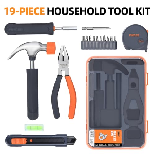 Finder Small Tool Kit 19 Piece General Household Tool Set, Mini Tool Kit Basic Hand Tools Kit with Plastic Toolbox Storage Case for Home Repair (Orange)