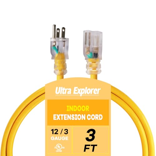 Indoor Extension Cord Waterproof 3 FT, 12 Gauge Heavy Duty Yellow Extension Cord SJTW, Flexible Cold-Resistant 3 Prong Grounded Power Cord for Lawn, Garden, Appliance, ETL Listed - color: Yellow, size: 3 ft