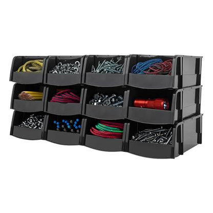 IRIS USA Small Stackable Storage Bins, 12-Pack, 7.5 x 4.5 x 3 inch, |Made in USA|, Plastic Open Front Shelf Bin for Organizing Parts, Hardware, Tools, Supplies, Garage Shelf, Pantry - Black - size: Small - 12 Pack