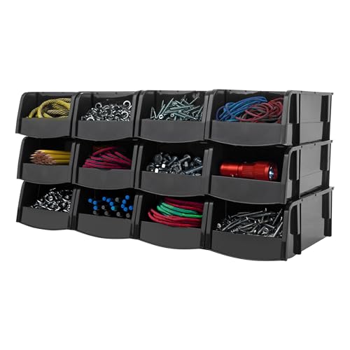 IRIS USA Small Stackable Storage Bins, 12-Pack, 7.5 x 4.5 x 3 inch, |Made in USA|, Plastic Open Front Shelf Bin for Organizing Parts, Hardware, Tools, Supplies, Garage Shelf, Pantry - Black - size: Small - 12 Pack