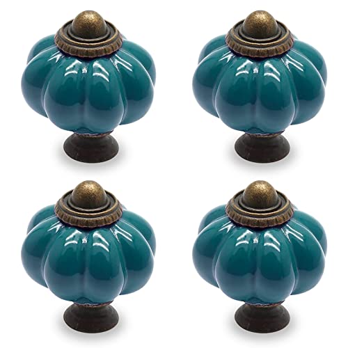4pcs Teal Pumpkin Knobs, Vintage Ceramic Cabinet Handles, Dresser Drawer Door Pulls With Mounting Screws - color: Teal, size: 4 Pieces