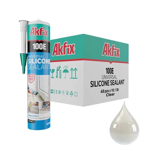 Akfix 100E RTV Clear Silicone Caulk (48x10.1 fl.oz.) - 100% Waterproof Silicone Sealant for Kitchen and Bathroom, Shower, Toilet, Sink, Window and Door, No Yellowing | Clear, 48 Pack - color: Clear, size: 48 Pack
