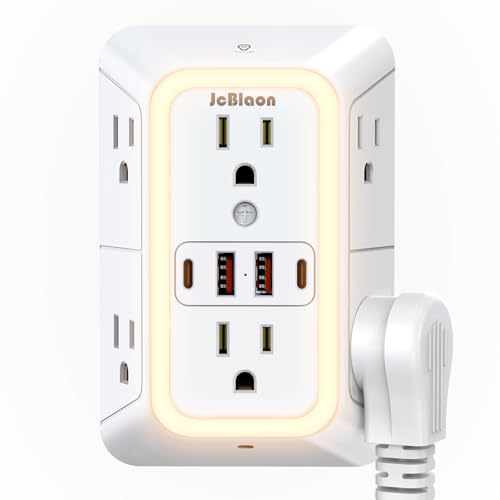Wall Outlet Extender with Night Light, Power Plug Adapter Multi Plug Outlet Surge Protector with 4 USB Charging Ports (2 USB C), Adapter Spaced Outlets for Home Travel Office - color: White with Night Light