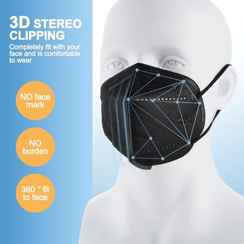 KN95 Face Mask 30pcs Disposable Face Masks Individual Packed Safety 5 Layers Breathable Cup Dust Masks Filtration>95% - color: Black