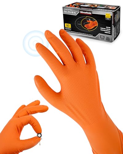 wcy 9 Mil Heavy Duty Orange Nitrile Gloves,Raised Diamond Texture Grip,Industrial Mechanic Rubber Gloves Disposable Latex Free Chemical Resistant Guantes for Work,Cooking,Food Safe - Medium,80Count - color: Orange-80, size: Medium