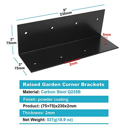 4 Pack 9" x 3" Black Raised Bed Garden Corner Brackets, Widen Right Angle L Bracket for Wood - size: 9" x 3"