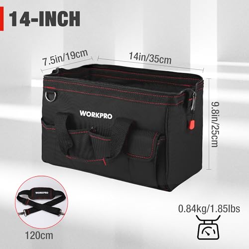 WORKPRO 14-inch Tool Bag, Multi-pocket Tool Organizer with Adjustable Shoulder Strap, W081021A , black - size: 14 inch