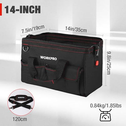 WORKPRO 14-inch Tool Bag, Multi-pocket Tool Organizer with Adjustable Shoulder Strap, W081021A , black - size: 14 inch