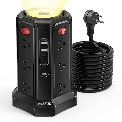 Long Surge Protector Power Strip 16 FT Cord, PD20W USB C Power Strip Tower with Night Light, Extension Cord with Multiple Outlets with 4 USB Ports, PASSUS Charging Station Home Office Essentials Black - color: Black